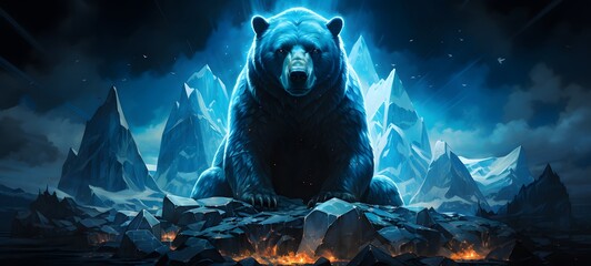 The black background contrasts sharply with the bright blue diamonds light emitted by snow bear ,generative AI
