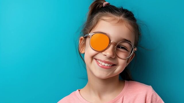 Sick ill preteen girl looking at camera having protective bandage plaster patch scratch on one eye. Injury, trauma, blind. Child kid wearing glasses at gray background. Medical eyesight vision therapy