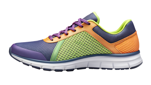A vibrant running shoe with a mix of purple, orange, green, and blue, perfect for sports and fitness activities isolated on transparent background - Powered by Adobe