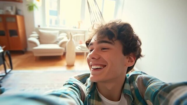 Cheerful young man in casual attire takes a joyful selfie in his cozy loft apartment, capturing a moment of happiness.