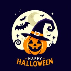 halloween background with pumpkin, Happy Halloween Jack-o'-Lantern with Witch Hat