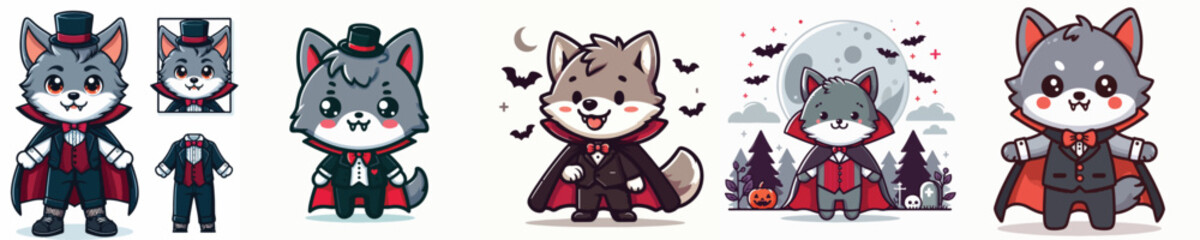 cute wolf vector in Dracula costume