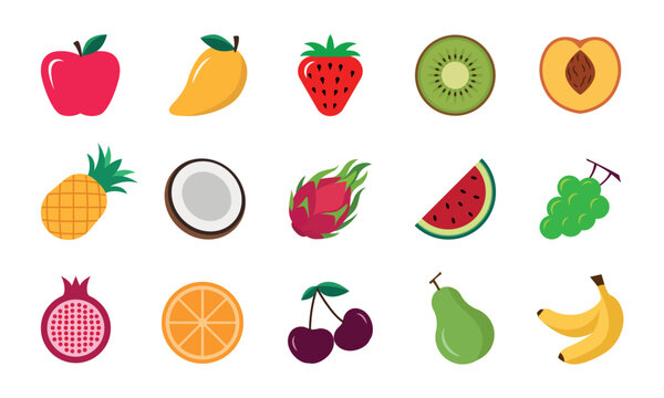 Fresh tropical fruits vector icons, fresh exotic healthy food set in flat design
