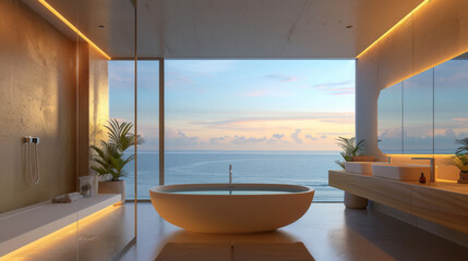 Luxurious bathtub with breathtaking ocean views, the perfect retreat for relaxation and tranquility during your coastal getaway. 