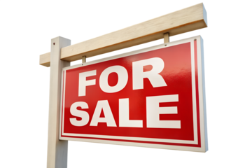 Red and white for sale sign, advertising real estate property and investment opportunities isolated on transparent background