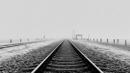 Naklejka premium Frozen railway tracks stretching into a foggy distance.