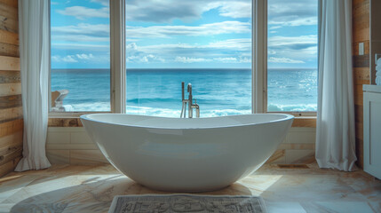 Luxurious bathtub with breathtaking ocean views, the perfect retreat for relaxation and tranquility during your coastal getaway. 