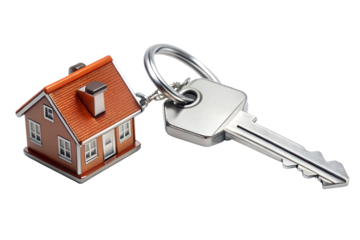 Closeup of a houseshaped keychain attached to a silver key, isolated on transparent background, symbolizing home ownership and real estate investment
