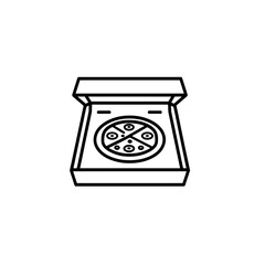 Outline drawing of a pizza in a box with visible toppings and cut into slices ready to be served now