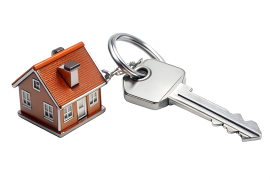 Closeup of a houseshaped keychain attached to a silver key, isolated on transparent background, symbolizing home ownership and real estate investment