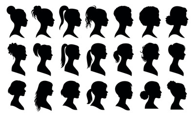 Female head cameo silhouettes set, woman profile faces and hairstyle vector icons