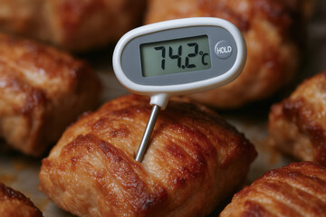 Cooked meat with digital thermometer showing temperature for food processing industry safety