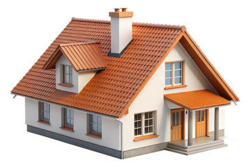 A charming twostory house with a red tile roof and white facade, isolated on transparent background, showcasing modern residential architecture