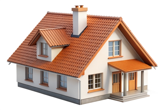 A charming twostory house with a red tile roof and white facade, isolated on transparent background, showcasing modern residential architecture