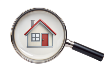 A magnifying glass is used to search for a house, isolated on transparent background, representing the concept of finding a home or real estate property