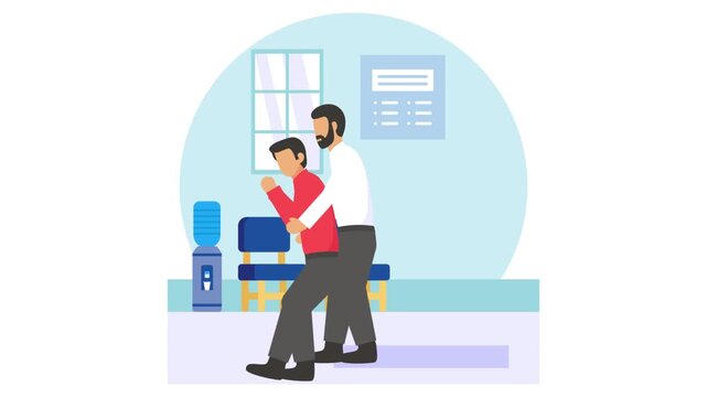 Person Performing Heimlich maneuver healthcare facility animation, life saving technique abdominal Thrusts animated video, first aid people clip, Medical emergency footage,save  Lives service motion