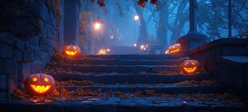Halloween pumpkins glowing on spooky stairs