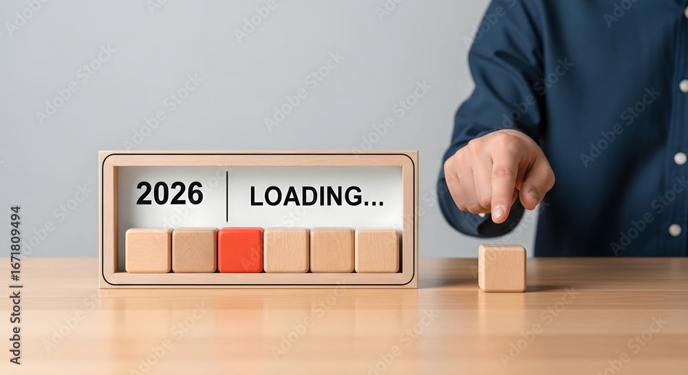Poster countdown to year 2026 loading concept with wood blocks and hand for future and new year goals