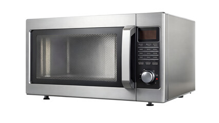 Sleek silver microwave oven isolated on transparent background, a modern kitchen appliance for quick and efficient cooking