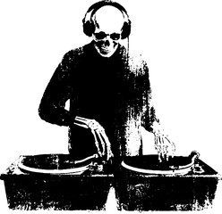 Grunge black and white skeleton dj mixing music - halloween party design