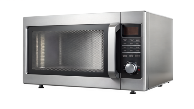 Sleek silver microwave oven isolated on transparent background, a modern kitchen appliance for quick and efficient cooking