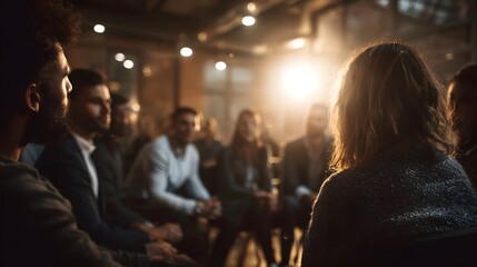 Entrepreneurs gathered for a startup pitch in a vibrant innovation atmosphere