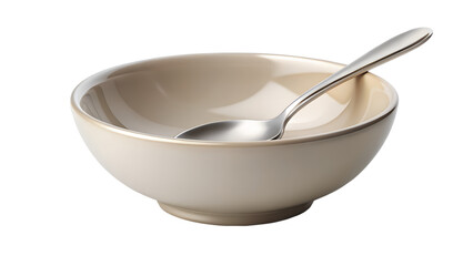 Beige ceramic bowl with a silver spoon inside isolated on transparent background, perfect for showcasing food, soup, or breakfast items in a minimalist style
