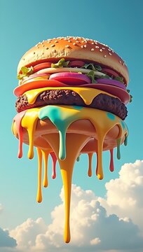Giant burger floating in the sky, rainbow dripping cheese, surreal viral food fantasy, dreamlike delicious exaggeration