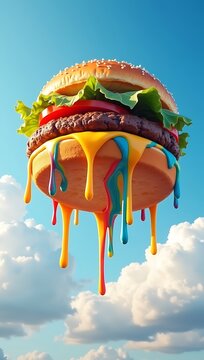 Giant burger floating in the sky, rainbow dripping cheese, surreal viral food fantasy, dreamlike delicious exaggeration