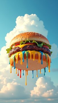 Giant burger floating in the sky, rainbow dripping cheese, surreal viral food fantasy, dreamlike delicious exaggeration