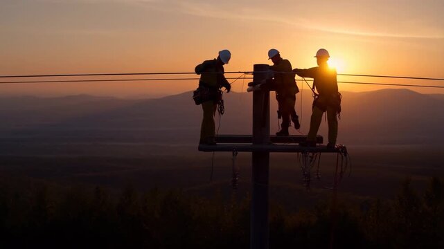 Silhouetted electrical workers on power pole performing maintenance at sunset over mountain landscape.