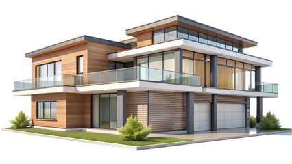 Modern twostory house with wood siding, large windows, and a flat roof isolated on transparent background, showcasing contemporary residential architecture