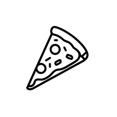 A simple line drawing of a pizza slice with toppings like pepperoni and a crust edge on a white background