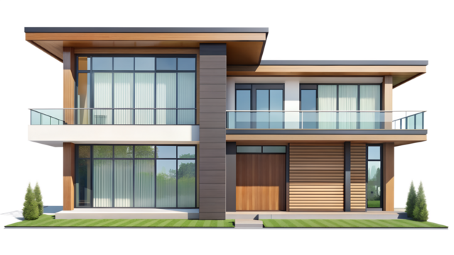 Modern twostory house with flat roof, large windows, and wooden accents isolated on transparent background, showcasing contemporary architectural design