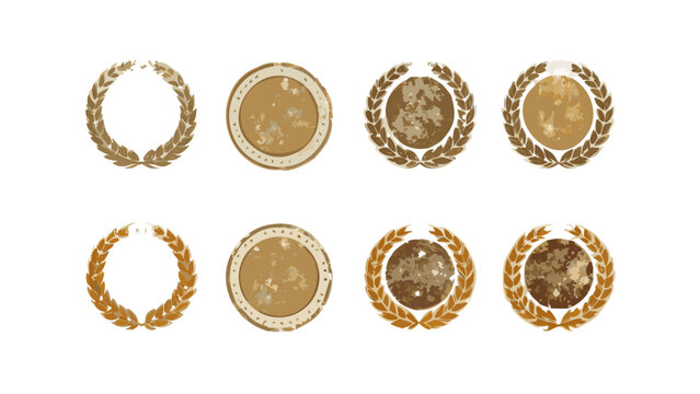 Vintage laurel wreath vector set with gold coin and medal design elements for award and achievement theme 100