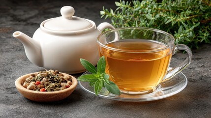 Charming tea pot and a cozy cup of herbal tea on a rustic surface for a relaxed and inviting tea time experience