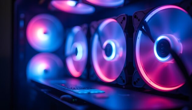 Extreme close-up of vibrant RGB cooling fans in motion inside a custom-built gaming rig. Capture the swirling light trails with a slow shutter speed, showing energy and motion. Include soft blue