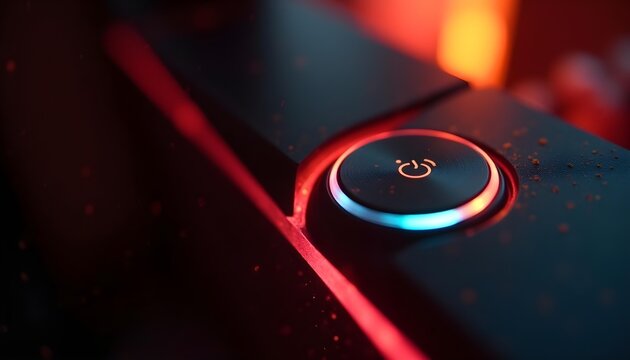 Close-up cinematic shot of a power button on a sleek black gaming tower, surrounded by ambient RGB light spilling from inside the case. Add subtle dust particles in the light rays for realism.