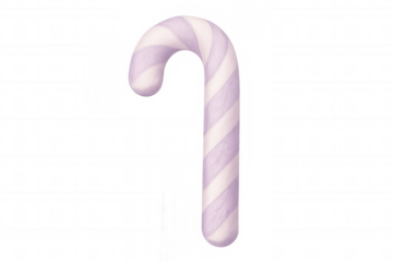 Purple-white striped candy cane lying on transparent surface, highlighting festive holiday graphic design element