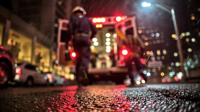 Paramedics rushing toward ambulance with medical kits during night emergency in city street.