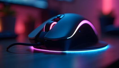 Capture the exact moment a gamer's finger clicks a premium gaming mouse with RGB light trails streaking around it. Use a shallow focus on the click, and background blur with the faint glow of a gaming