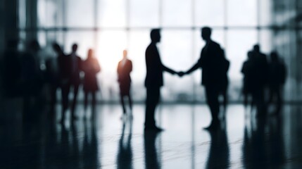 Business people exchanging greetings in a corporate lobby