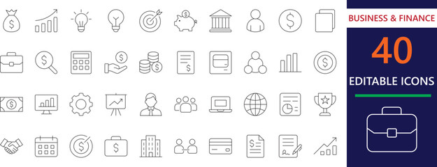 Clean line icons representing business, finance, investment, and profit concepts. Ideal for presentations, reports, apps, and corporate design projects.