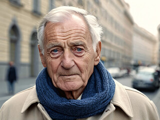 Elderly European man with detailed wrinkles walking in the city