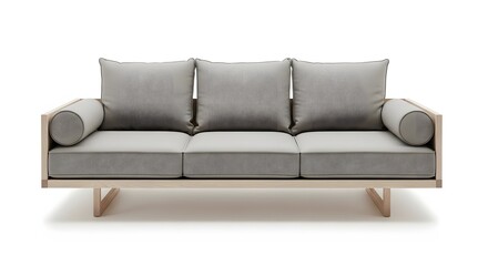 Modern light wood frame sofa with textured grey patterned cushions and bolsters