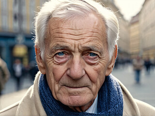 Elderly European man with detailed wrinkles walking in the city
