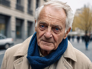 Elderly European man with detailed wrinkles walking in the city