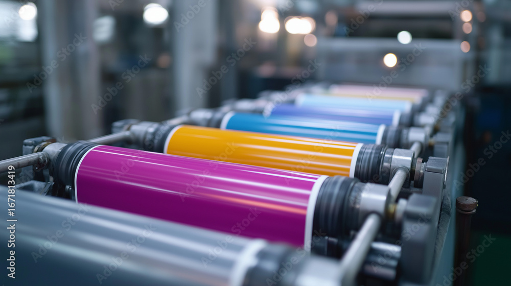 Poster a high speed offset printing press with multiple color units is shown in full operation producing vi
