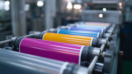 A high speed offset printing press with multiple color units is shown in full operation producing vibrant magazine spreads. The synchronized ink rollers and precision registration