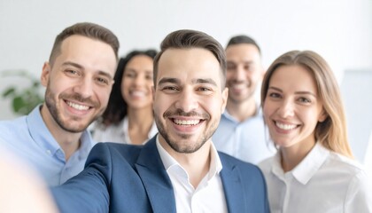 Fototapeta premium Cheerful group of diverse coworkers taking a selfie in a modern office setting